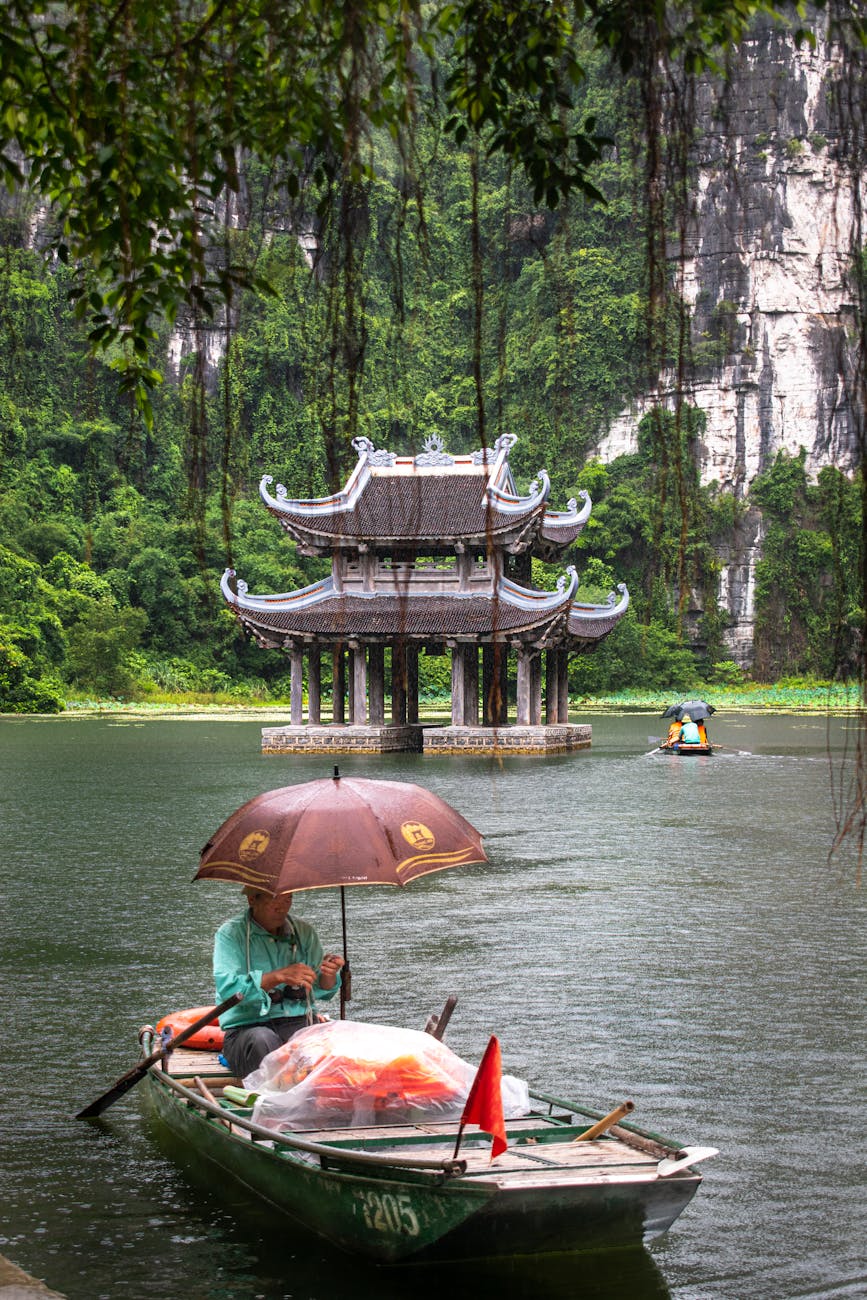 pagoda on lake in forest