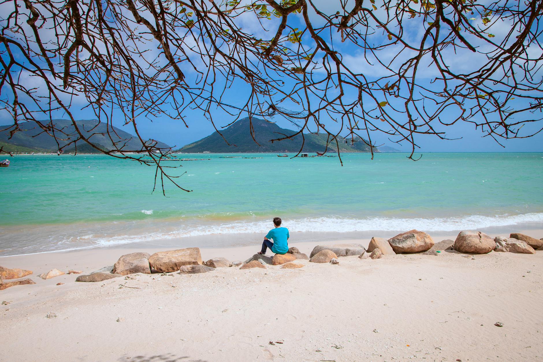 man sitting on tropical beach