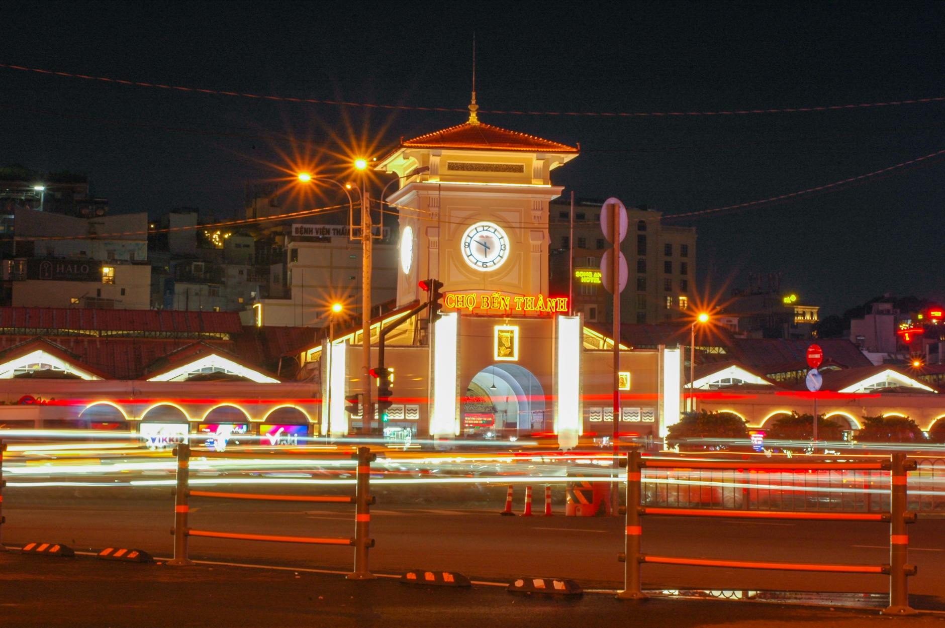 ben thanh market at night in ho chi minh city